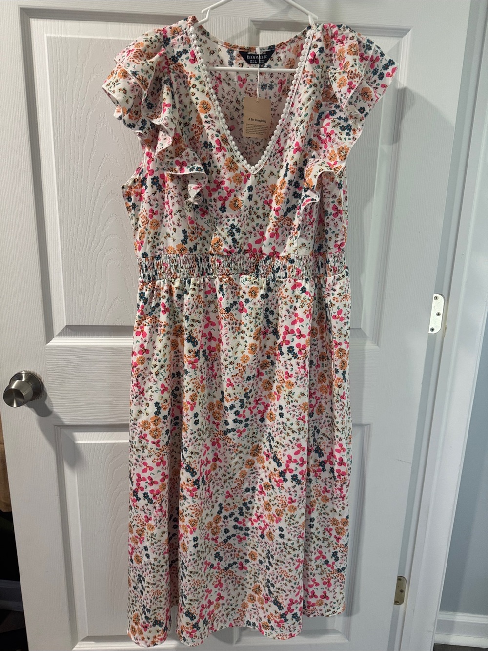 BloomChic White Floral Midi Dress with Pink, Orange & Green